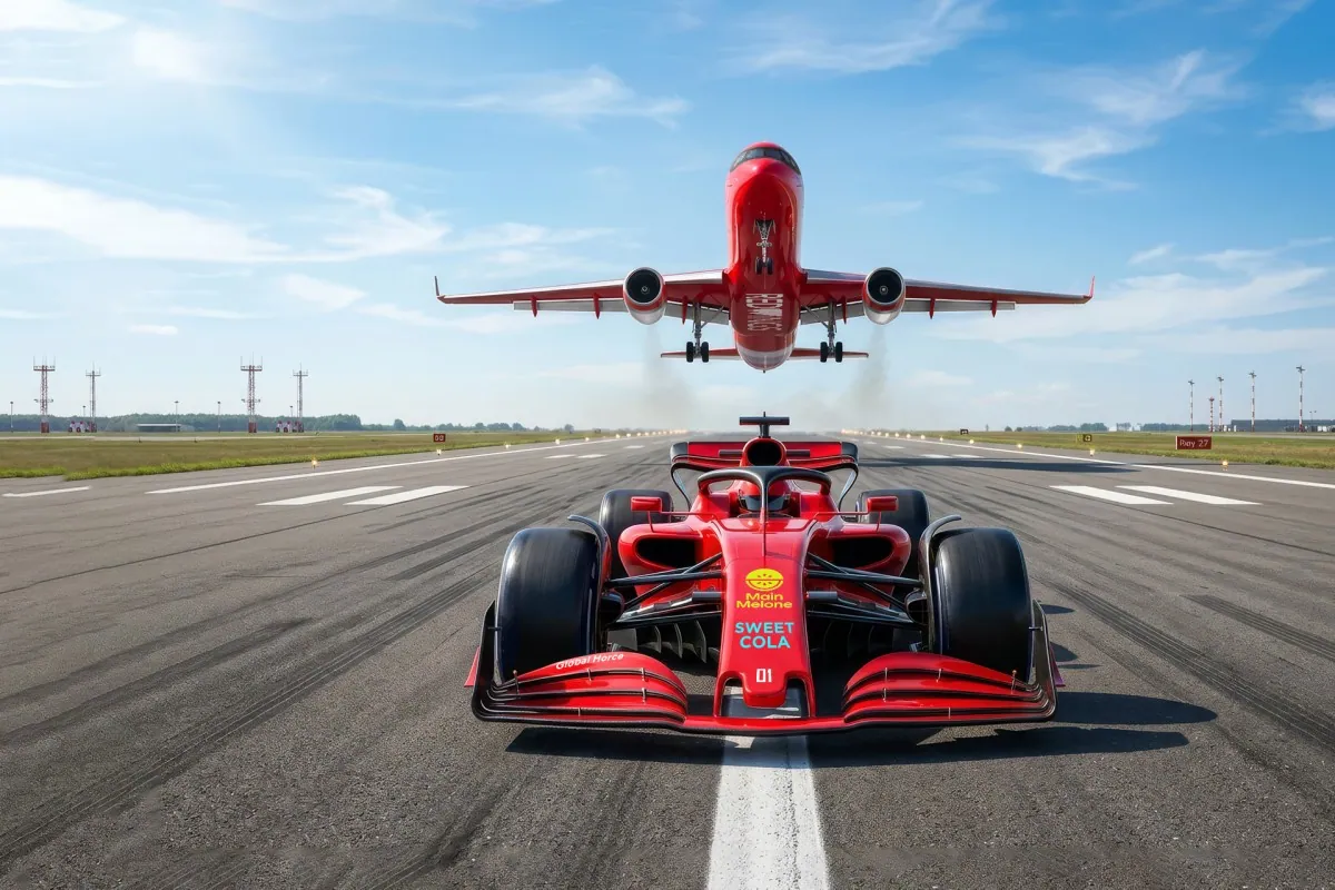 A Red Wings aircraft and a racing car on a runway